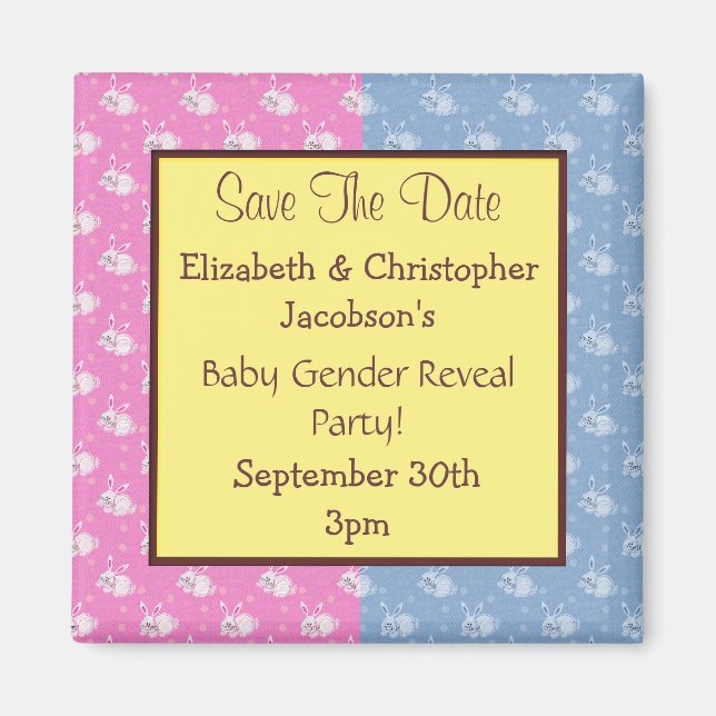 Gender Reveal Save The Date Pink & Blue Bunnies Magnet (Front)