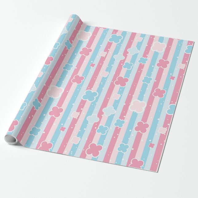 Gender Reveal Striped Blue Pink Pastel Baby Shower Wrapping Paper (Unrolled)