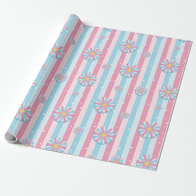 Gender Reveal Striped Blue Pink Pastel Baby Shower Wrapping Paper (Unrolled)