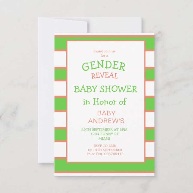 Gender Reveal Striped Green Orange Baby Shower Invitation (Front)