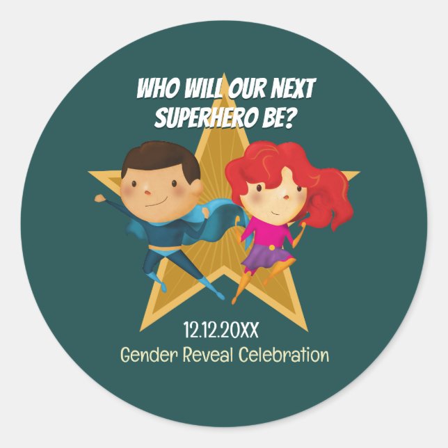 Gender Reveal Superhero Cute Blue Pink Green Classic Round Sticker (Front)