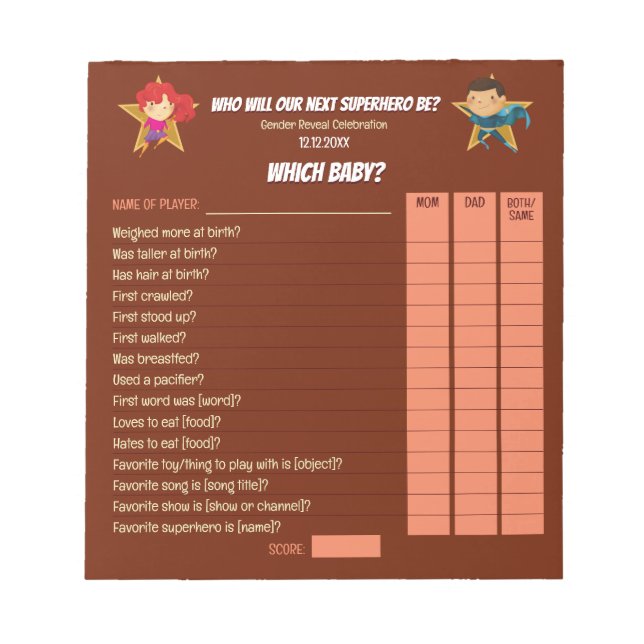 Gender Reveal Superhero Cute Blue Pink Red Notepad (Front)