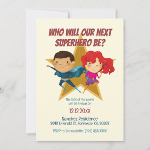 Gender Reveal Superhero Cute Blue Pink Yellow Invitation