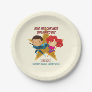 Gender Reveal Superhero Cute Blue Pink Yellow Paper Plate
