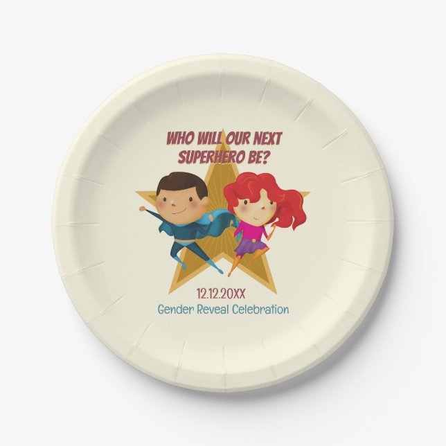 Gender Reveal Superhero Cute Blue Pink Yellow Paper Plate (Front)