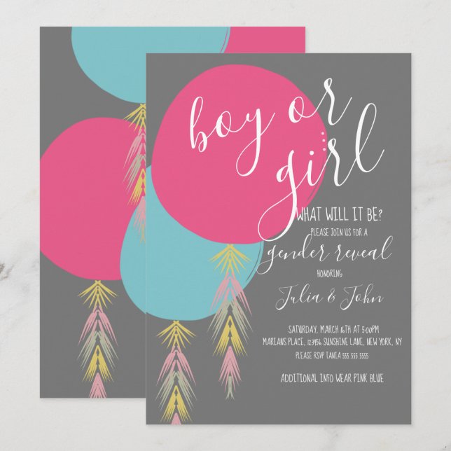 Gender Reveal Tassel Boho Balloon  Invitation (Front/Back)