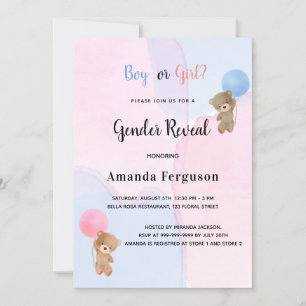Gender reveal teddy bear pink blue boy girl invitation