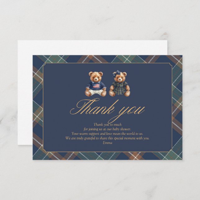 Gender Reveal Thank You Card Navy Plaid Teddy Bear (Front/Back)