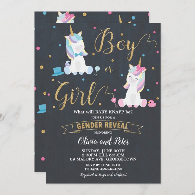 Gender Reveal Unicorn Boy or Girl Gender Reveal Invitation (Front/Back)