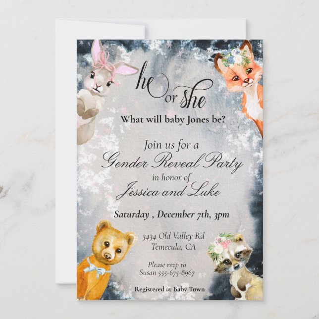 Gender Reveal Winter Woodland Animals Holiday Invitation (Front)