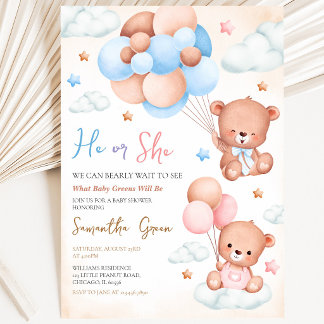 Gender Revel Bear Baby Shower Invitation