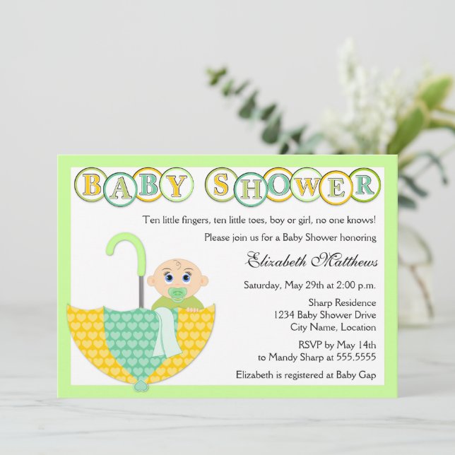 Gender Unknown Umbrella Baby Shower Invitation (Standing Front)