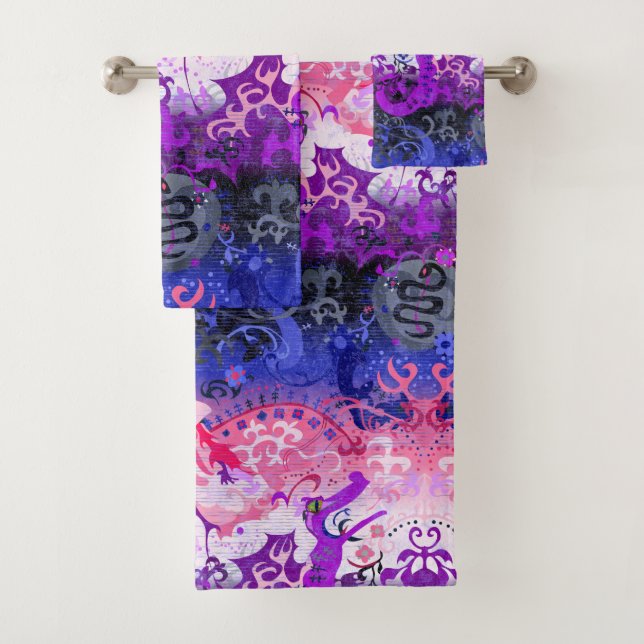 Genderfluid Dragon Damask - Genderfluid Pride Flag Bath Towel Set (Insitu)