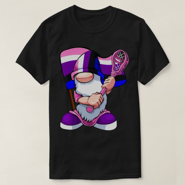Genderfluid Lacrosse Player LGBTQ Gnome Pride Flag T-Shirt (Design Front)
