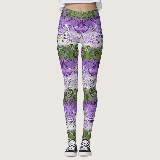 Genderqueer Dragon Damask - Genderqueer Pride Flag Leggings (Front)