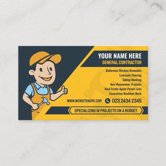 General Contractor, Handyman service, Construction Business Card (Front)