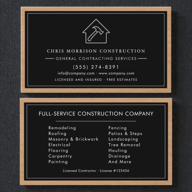 General Contractor Modern Silver & Black Wood Business Card (Creator Uploaded)