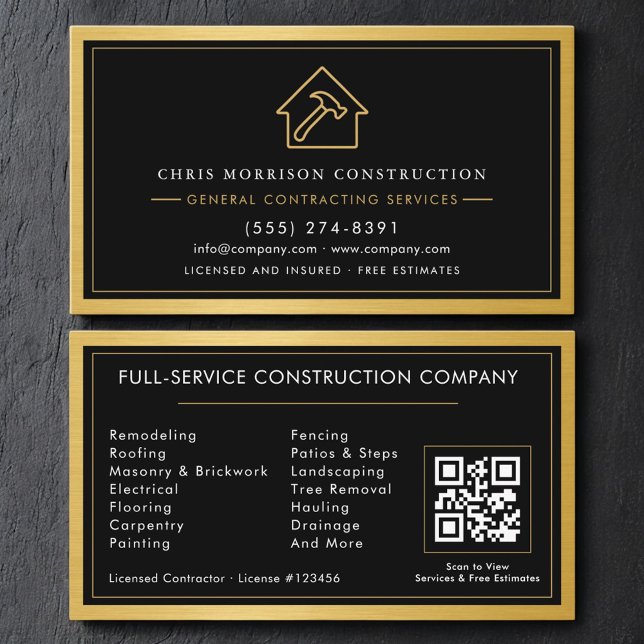 General Contractor QR Code Black & Gold Metallic Business Card (Creator Uploaded)