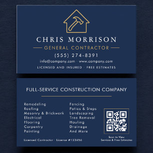 General Contractor QR Code Navy Blue Gold Business Card