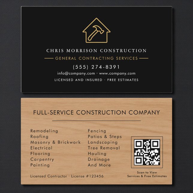 General Contractor Rustic Wood QR Code Business Card (Creator Uploaded)