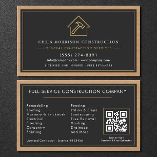 General Contractor Wood QR Code Black Gold  Business Card