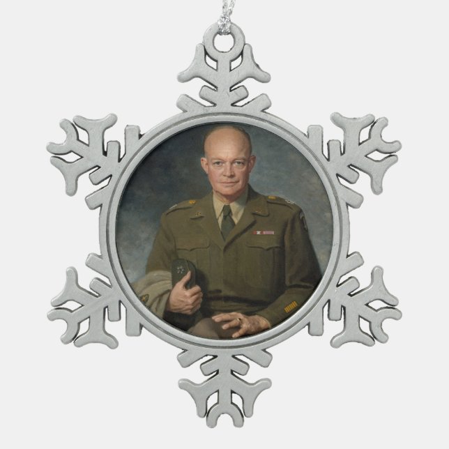 General Dwight Eisenhower 5 Star Painted Portrait Snowflake Pewter Christmas Ornament (Front)