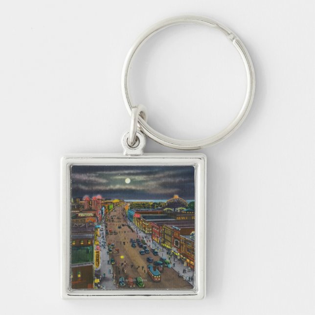 General View of Surf Avenue at Night Key Ring (Front)