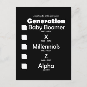 Generationen Baby Boomer, X, Y, Millennials, Z, Al Postcard