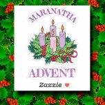 Generic Maranatha Advent Wreath<br><div class="desc">NOTE WELL: Saints_Aplenty does not recommend going any smaller in size than this. An illustration of an Advent wreath made of evergreens and holly with all four candles lit between the arched word Maranatha ("Come, Lord") and the horizontal word Advent--both in large capital letters. The wreath's four candles represent and...</div>
