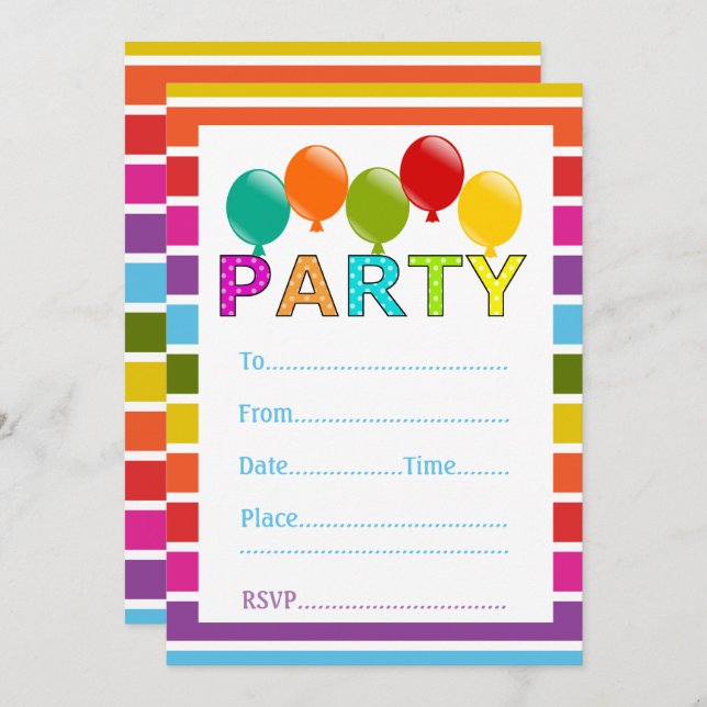 Generic Multi Coloured Balloon Party Invitation (Front/Back)