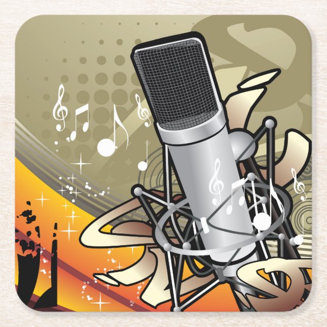 Generic Music Themed w/Microphone Square Paper Coaster (Front)
