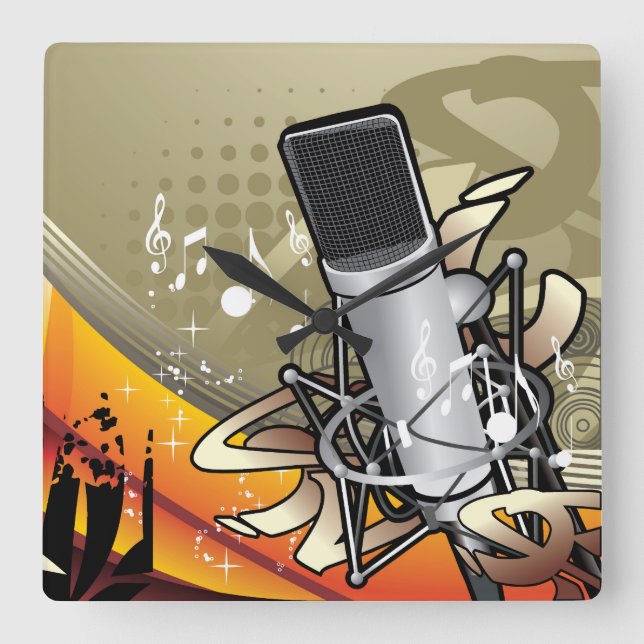 Generic Music Themed w/Microphone Square Wall Clock (Front)