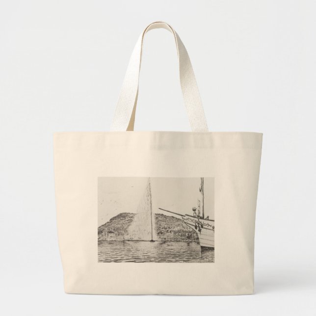 Geneva Fountain and Bow of pleasure Boat 2011 Large Tote Bag (Front)