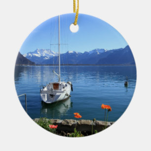 Geneva lake scenery, Montreux, Switzerland Ceramic Tree Decoration