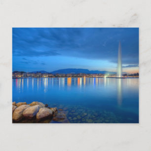 Geneva panorama with famous fountain, Switzerland, Postcard