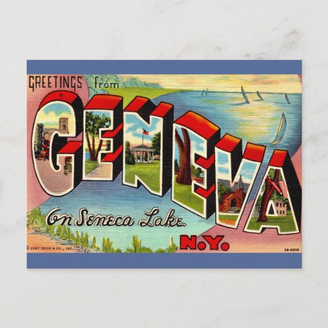 Geneva Seneca Lake NY Retro Postcard (Front)