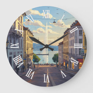 Geneva Street Switzerland Travel Jet d'eau Sunset Large Clock