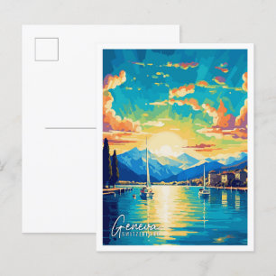 Geneva Switzerland Art vintage travel illustration Postcard