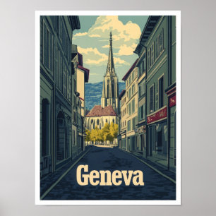Geneva Switzerland Art Vintage Travel Illustration Poster