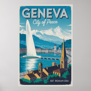 Geneva Switzerland Retro Skyline Cityscape Travel Poster