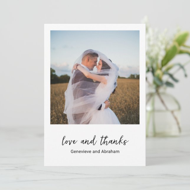 Genevieve Black and White Photo Modern Wedding Thank You Card (Standing Front)