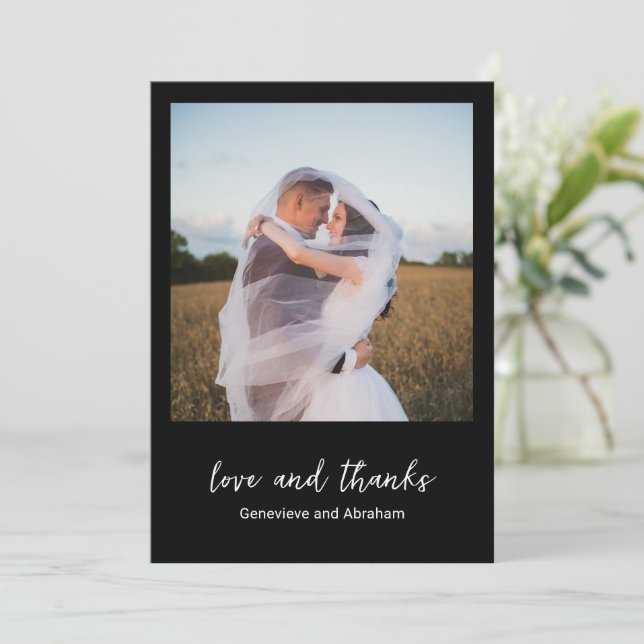 Genevieve Black Photo Modern Wedding Thank You Card (Standing Front)