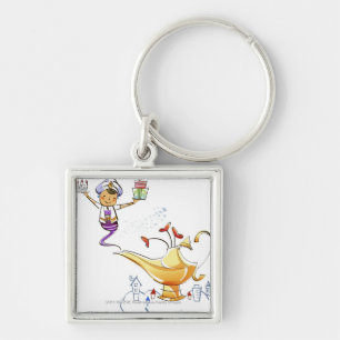 Genie bringing a house and gifts from a magic lamp key ring