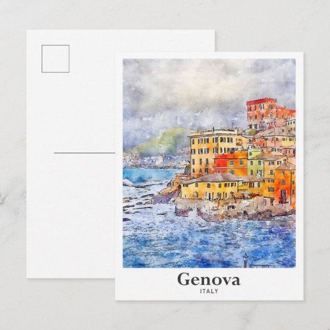 Genova Italy Travel Watercolor Sketch Hand Drawn Postcard (Front/Back)