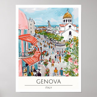 Genova Italy Vintage Art Illustration Travel Poster