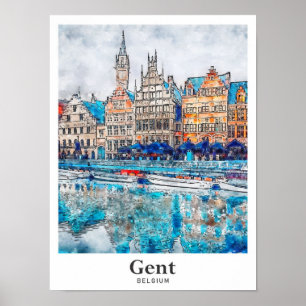 Gent Belgium Travel Watercolor Hand Drawn Poster
