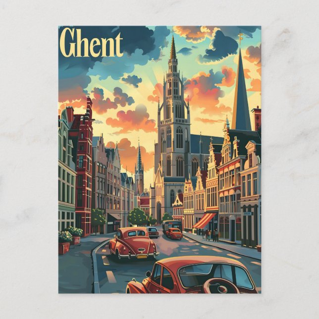 Genteel Ghent: Vintage Street Scene Illustration Postcard (Front)
