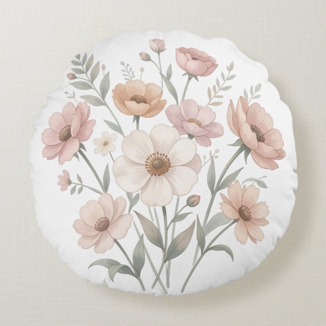 Gentle Anemone Bouquet Watercolor Softness Round Cushion (Front)