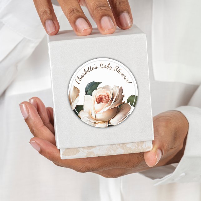 Gentle Beige Rose Girl Baby Shower Classic Round Sticker (Gentle Beige Rose Girl Baby Shower Classic Round Sticker!)