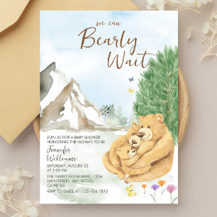 Gentle Beige Watercolor Bear Family Baby Shower Invitation